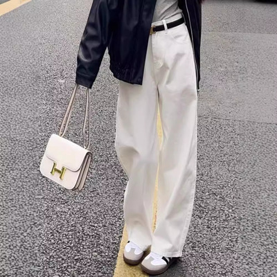 白色高腰显瘦阔腿牛仔裤女春秋