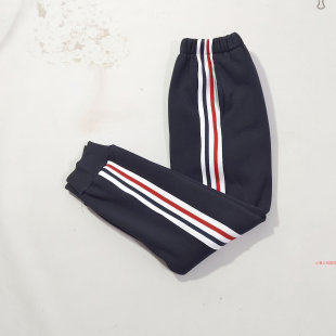 冬季加绒款深蓝色校服裤子螺纹收口长裤白色藏蓝色红色条纹定制