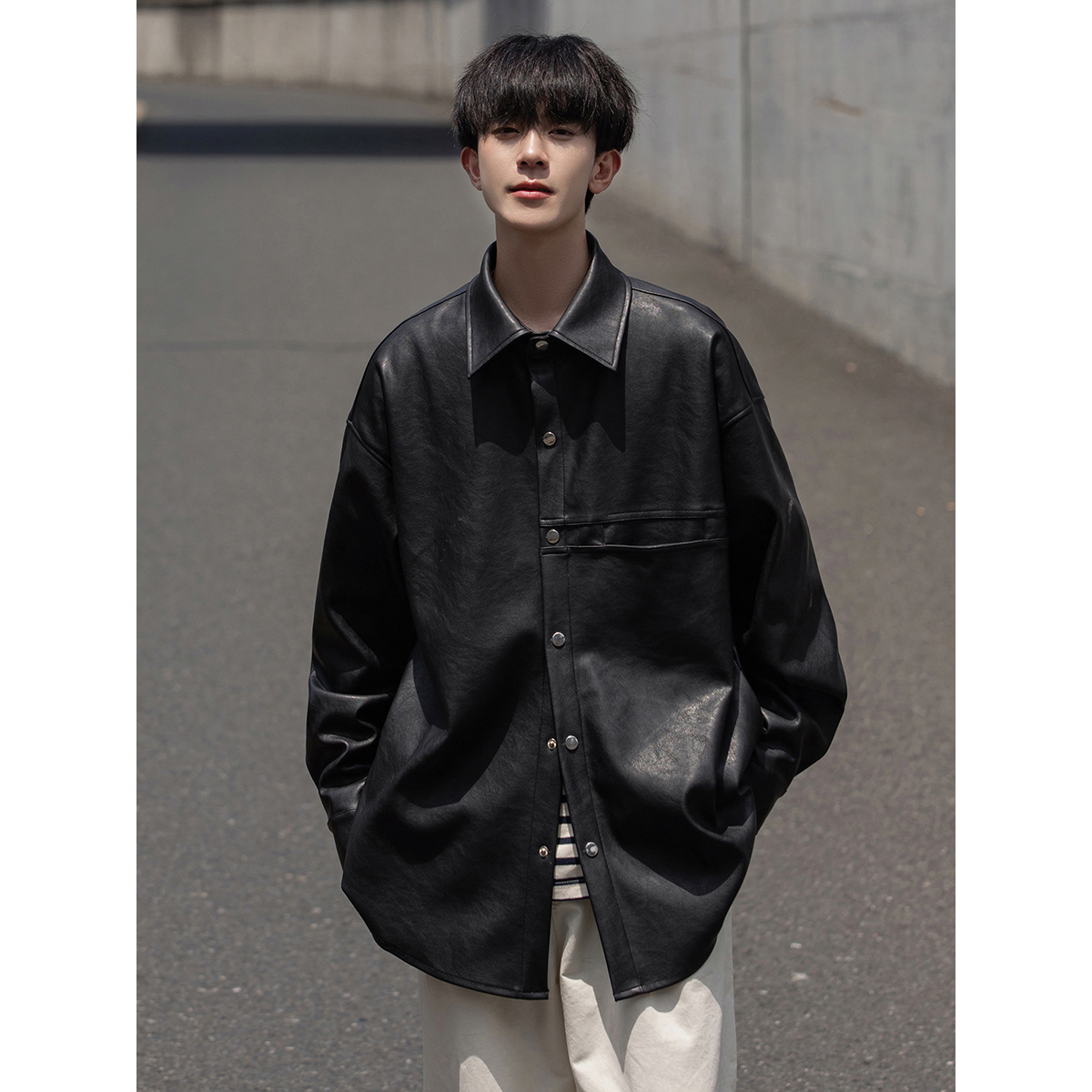 New 23 year autumn outfit solid color loose PU leather shirt jacket unisex 2308-P75_voghion.com