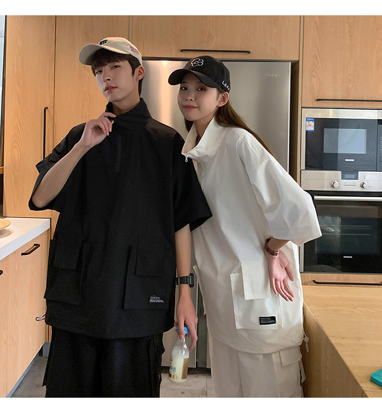 23春夏新款情侣港风短袖工装宽松纯色套装班服157-P78，男装休闲套装，电商B356