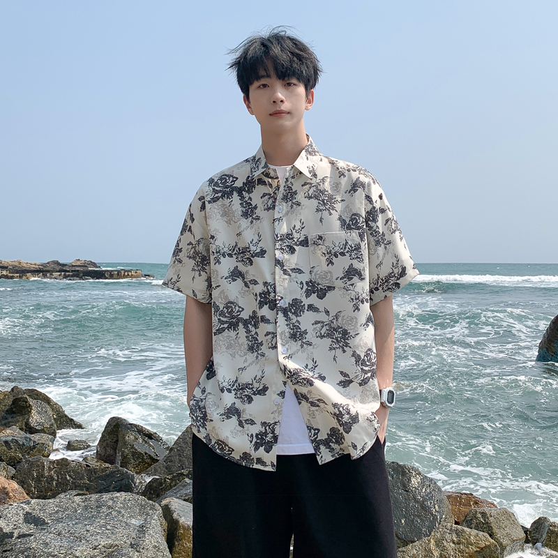 短袖花衬衫男夏季潮流痞帅海岛度假风宽松休闲垂感衬衣C508-P40，男装T恤，星座503-3（原B356）