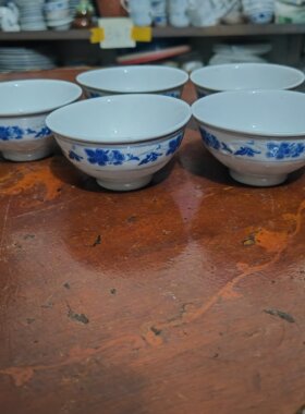 捡漏5只醴陵群力蓝海棠小碗原厂釉下彩无底款老式米饭碗9.4cm