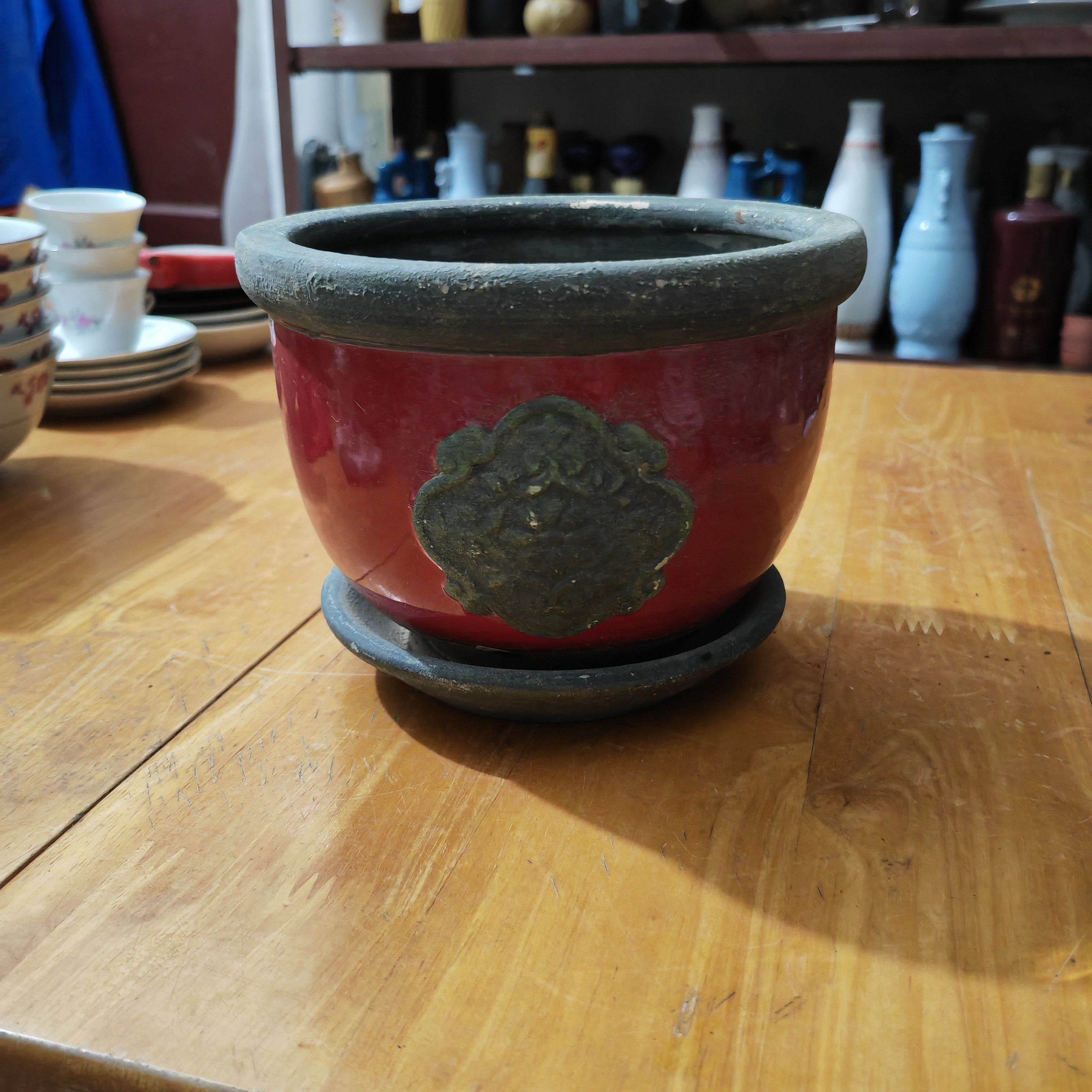 二手老物件老年代一体陶瓷花盆插花器装饰红色摆设种花盆子