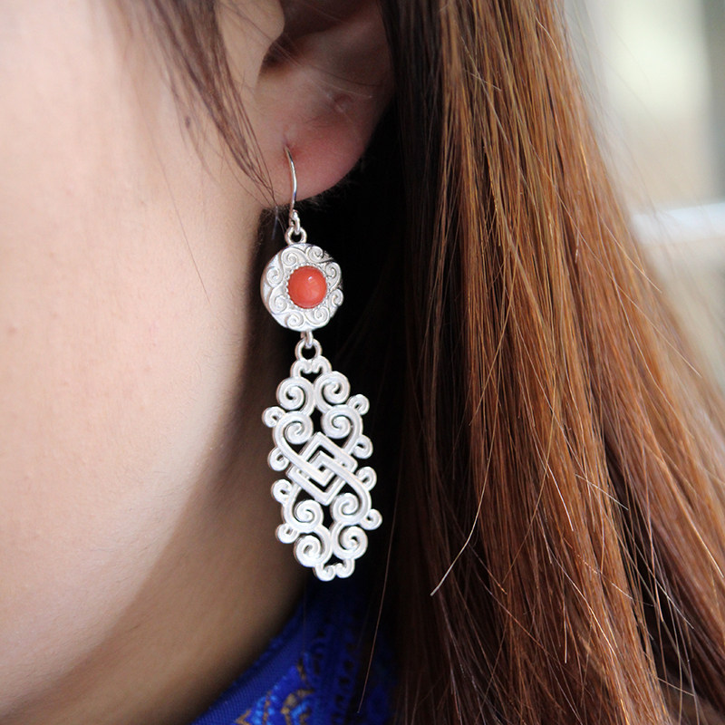 蒙古族吉祥卷草纹耳环民族风925纯银耳饰短款流苏女款耳坠长耳挂