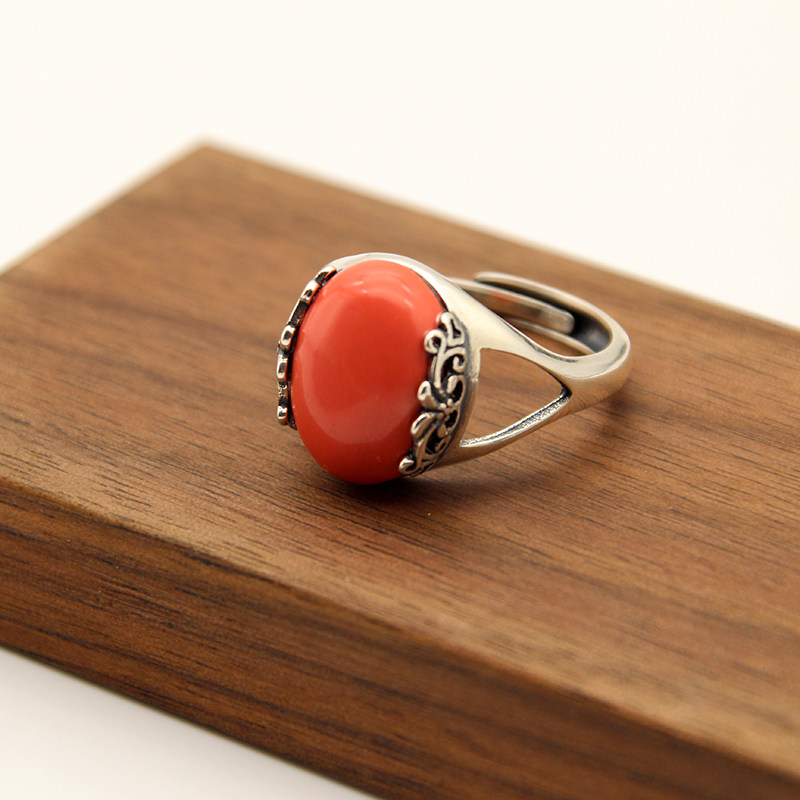 蒙歌银饰925银女款戒指珊瑚石指环植物花纹活口可调节女复古最旧