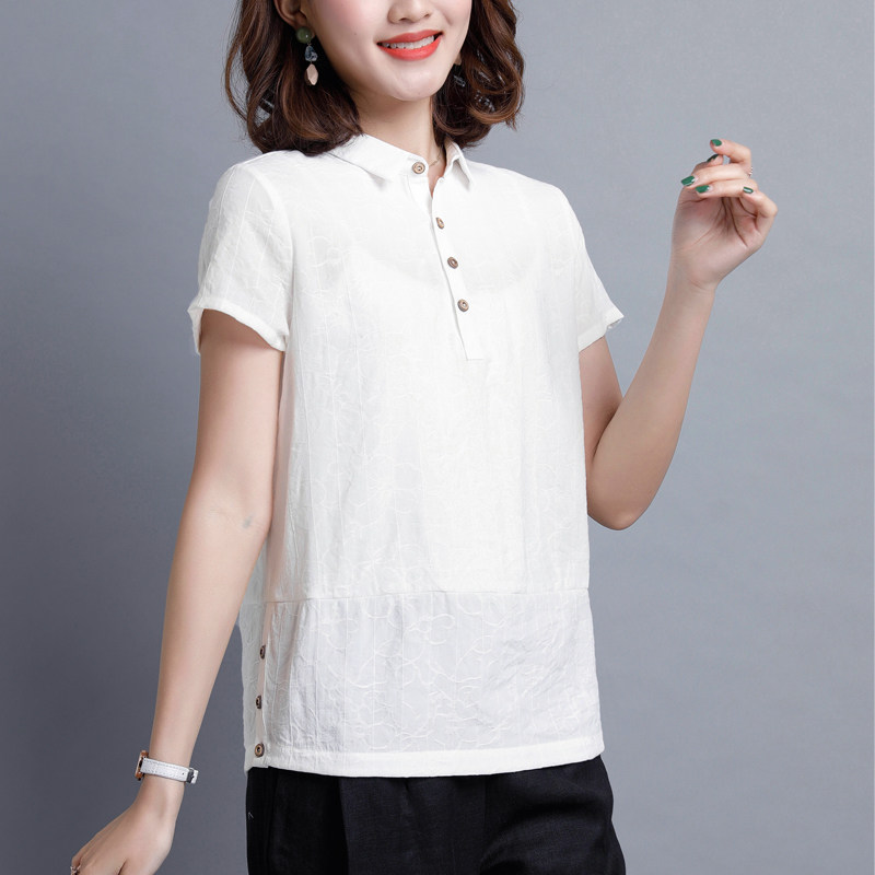 断码清仓夏季新款纯棉衬衫女短袖大码休闲宽松中年妈妈装全棉上衣