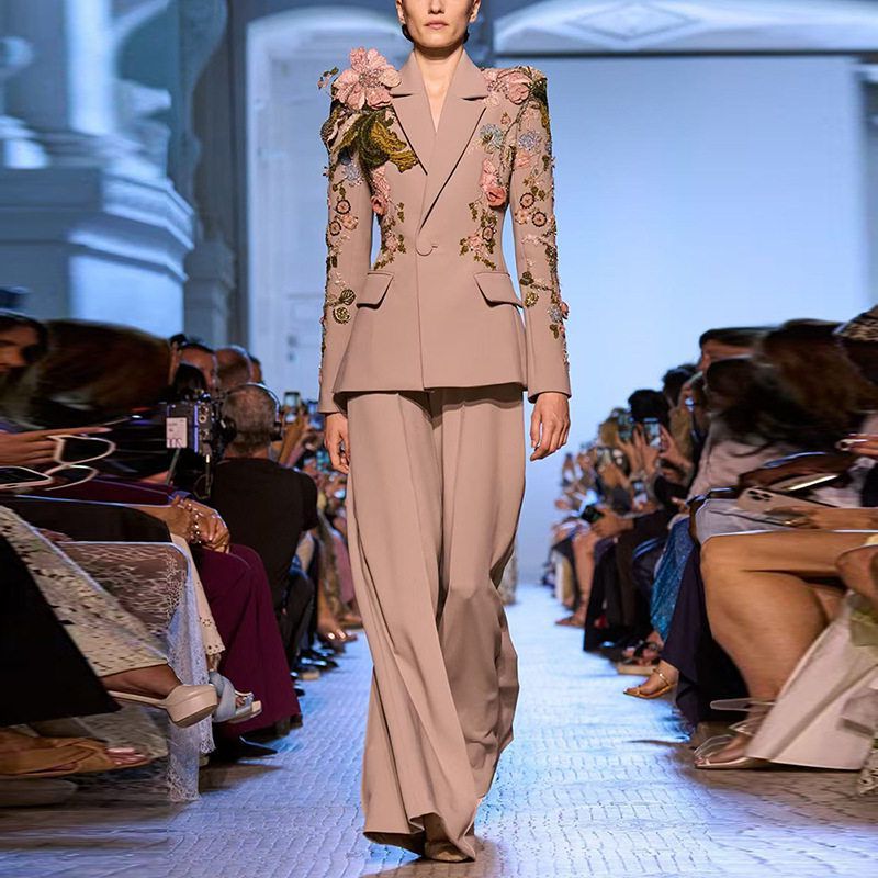 立体2025新款时尚 重工欧美套装钉珠花阔脚裤现货夹克两件套外套