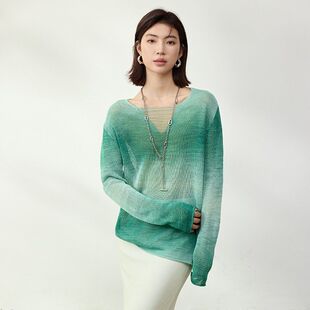 V镂空设计感女渐变早秋口纸纱新款 针织衫 上衣jin长袖 领罩衫 和 女装