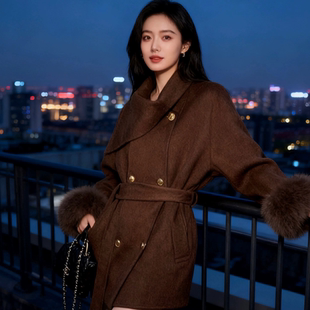 韩系月光新款 皮草晚宴羊绒大衣25风女双面呢毛狐狸冬外套羊毛千金