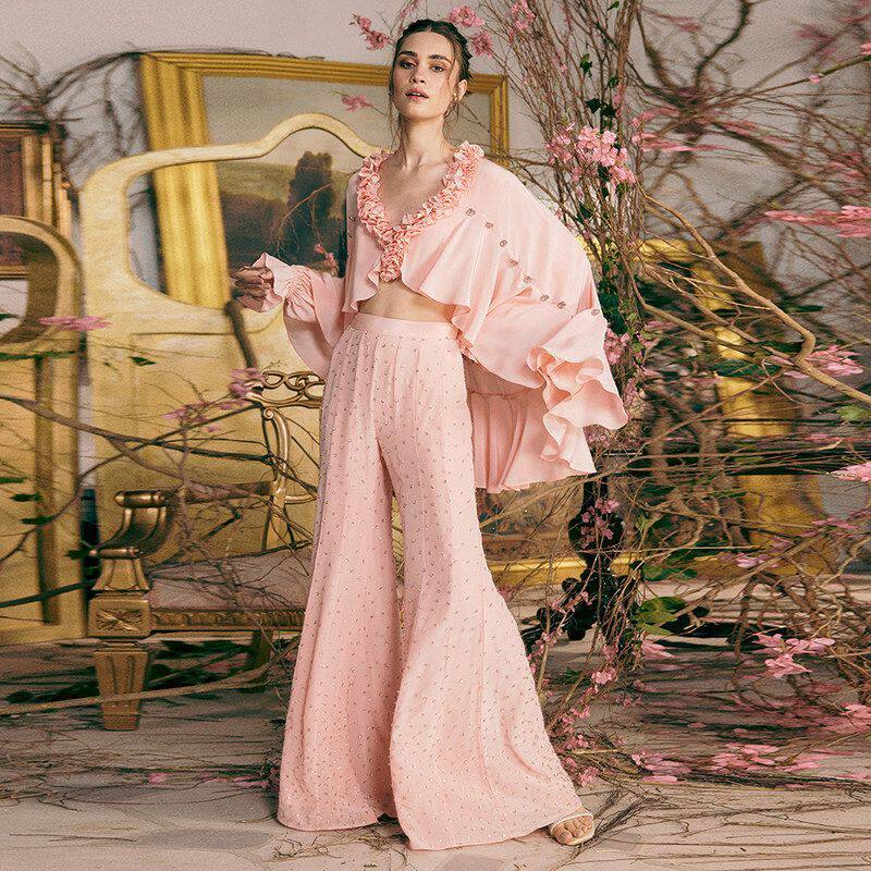 烫钻雪纺衫上衣欧美披肩新款两件套套装木耳边长裤时尚春夏2026