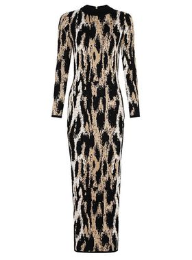 高品质连衣裙春秋长袖时尚女新款显瘦圆领25194修身现货针织豹纹