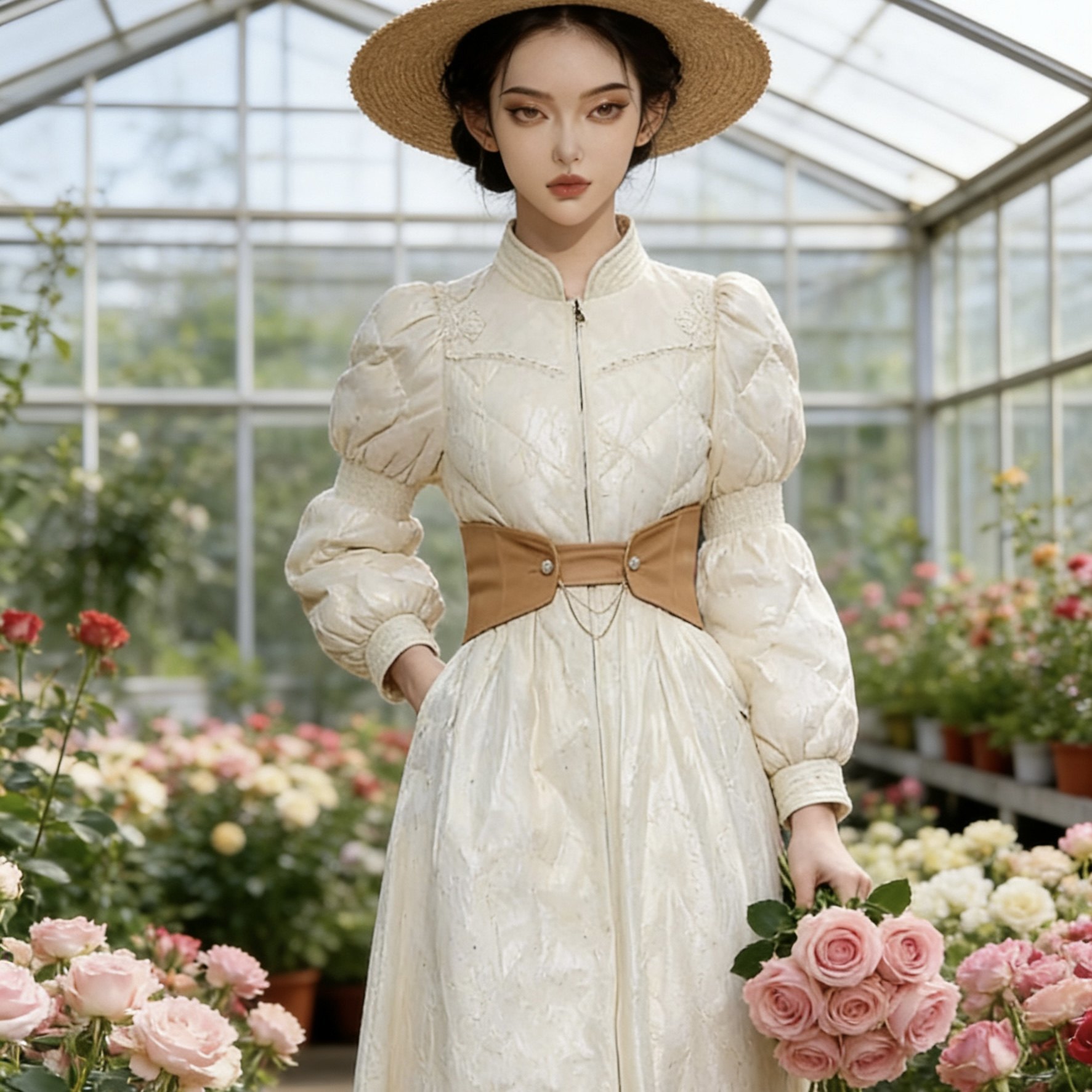 设计复古法式大摆贵族风灯笼袖羽绒服精致气质新款腰封冬季连衣裙