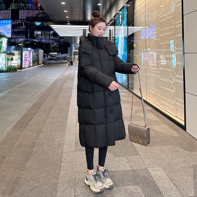 黑色90白鸭绒连帽过膝长款羽绒服