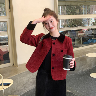 酒红色90白鸭绒粗花呢小香风套装裙女2025秋短款通勤翻领显瘦上衣