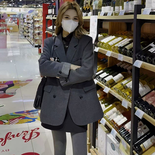 老钱风气质毛呢羽绒外套女2025冬季中长款灰色双排扣轻奢西装大衣