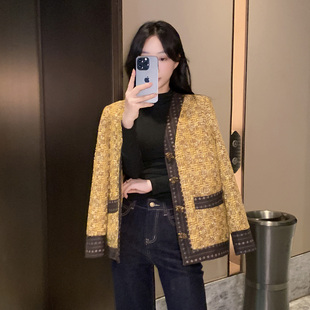 小香风毛呢外套女2026春秋新款V领黄色短款轻奢气质宽松显瘦上衣
