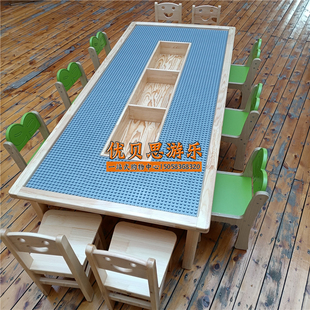 儿童积木桌子多功能玩具桌收纳写字绘画实木桌大颗粒拼装 积木方桌