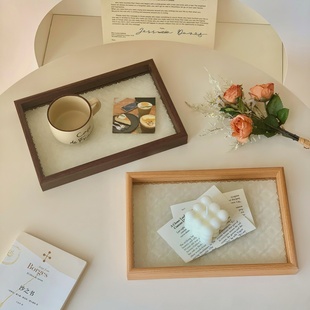 复古海棠花托盘长方形盘子家用木质点心盘茶杯托盘收纳餐盘玻璃盘