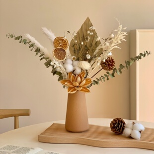 侘寂风天然植物干花花束陶瓷花瓶摆件高级感尤加利叶民宿客厅摆设