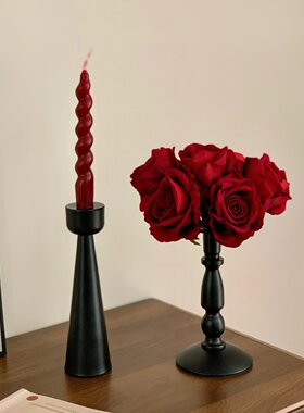 高级感黑色烛台插花香薰蜡烛摆件