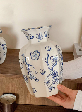新中式青花瓷陶瓷花瓶中古风复古花瓶可水培插花客厅装饰摆件花器