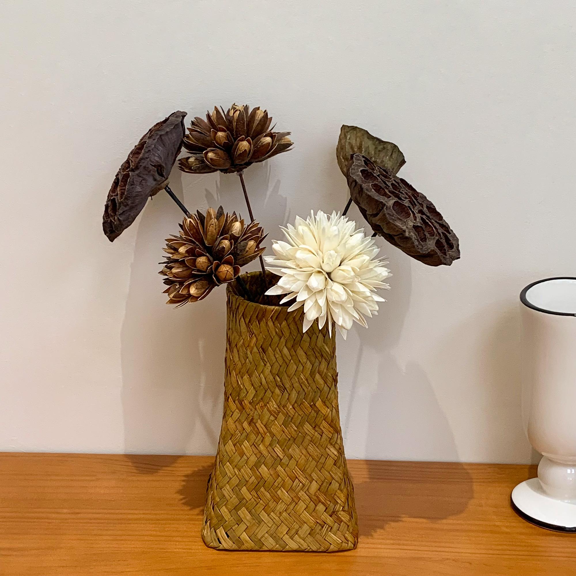草编花篮插花干花莲蓬花束手工编织创意田园竹编藤编花筒花瓶摆件