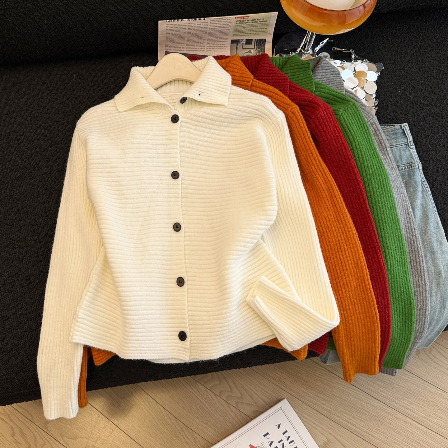 秋冬慵懒风翻领单排扣针织开衫