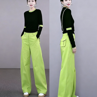 网红穿搭洋气长袖T恤上衣运动套装绿色显瘦高腰阔腿裤时尚两件套