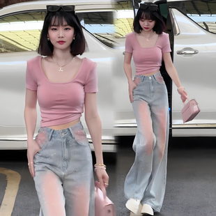 搭配短上衣 2025超火夏装 减龄一整套炸街时尚 休闲涂鸦牛仔裤 女套装