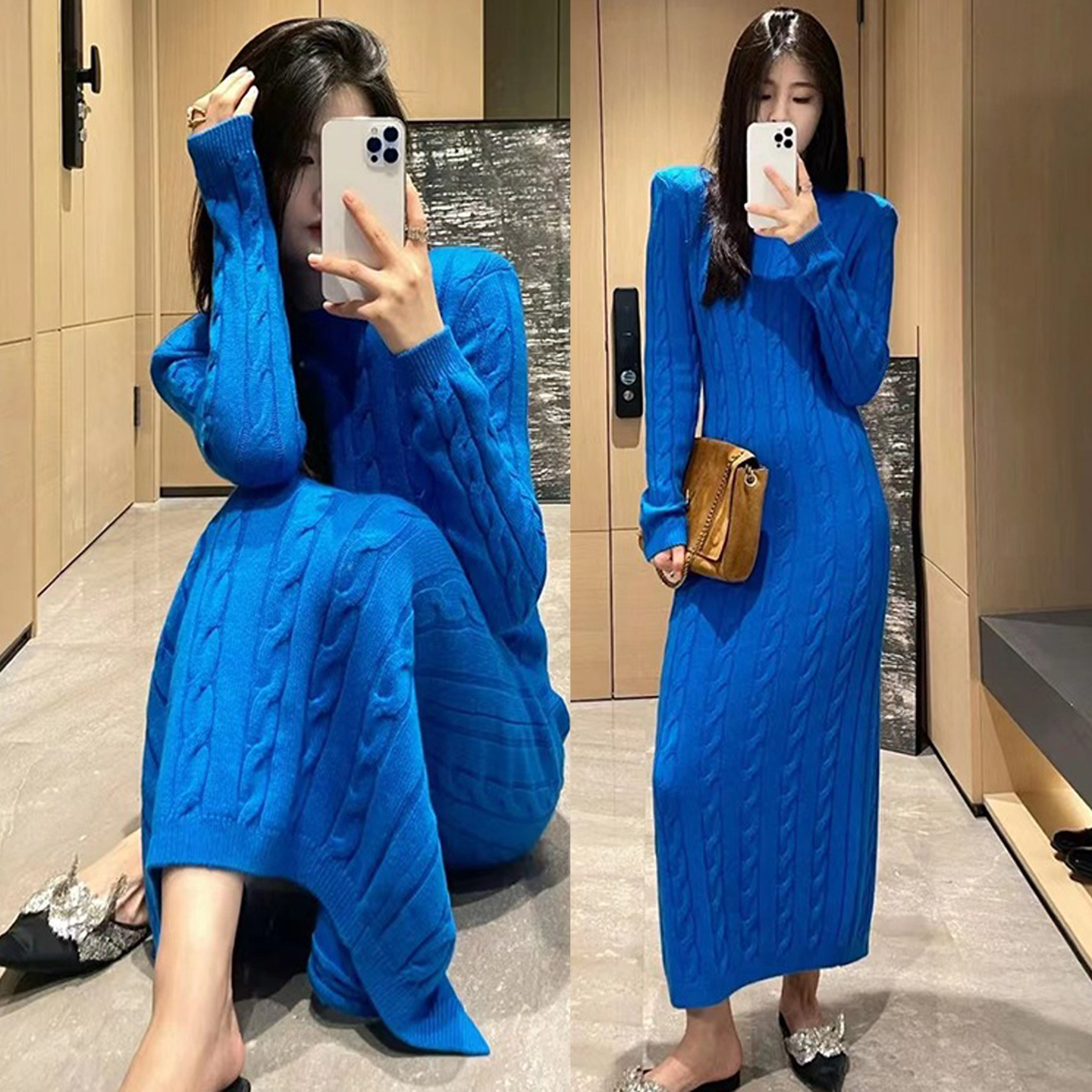 克莱因蓝麻花针织连衣裙毛衣裙女