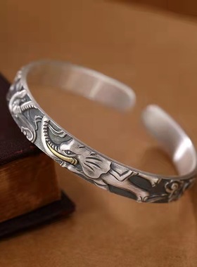 999纯银吉象男女手镯实心复古祥云个性做旧小象手环足银开口镯子