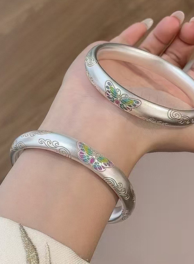 足银9999描金珐琅彩蝴蝶闭口手镯