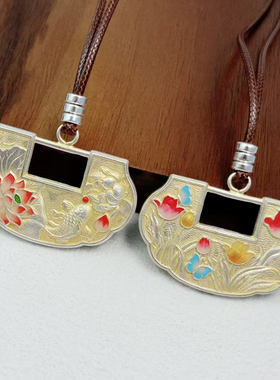 足银999描金珐琅莲花鱼如意锁女