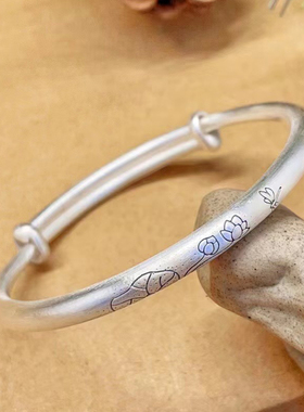 国潮古风女9999纯银荷花手镯