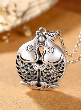 双鱼吊坠女花丝镂空纯银999