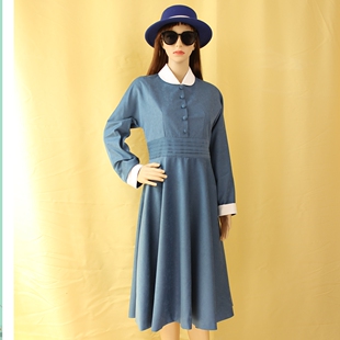 了不起的麦瑟尔夫人纯色x型中腰通勤复古英伦长袖喇叭中长连衣裙