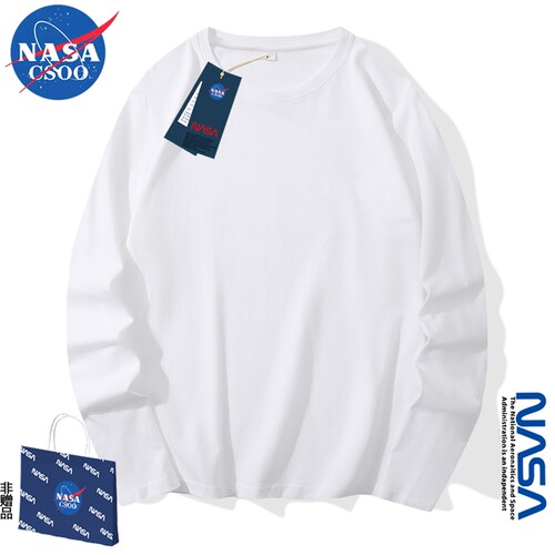 NASA纯色220g长袖新款重磅纯棉长袖t恤男白色打底衫宽松情侣上衣