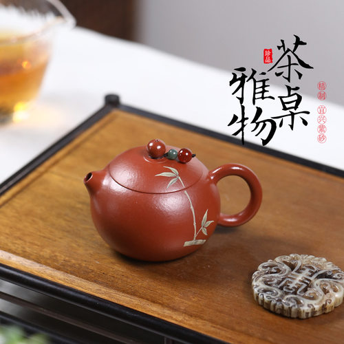 朱泥西施壶宜兴紫砂壶手工泥绘