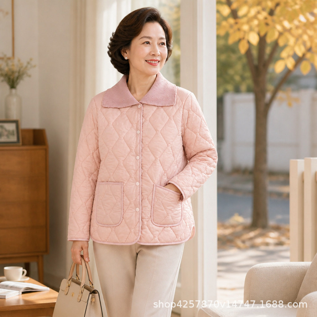 秋冬女士针织翻领棉服菱形衍缝单排扣棉衣女装休闲薄外套外搭长袖