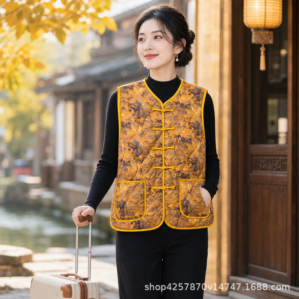 秋冬国风山水印花棉马甲女新中式盘扣坎肩中老年妈妈棉背心马夹