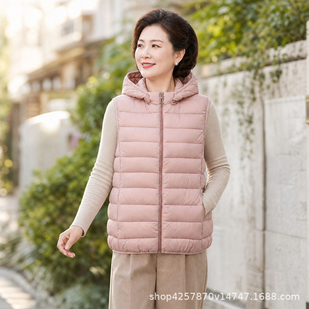 无袖连帽轻薄棉马甲女秋冬拉链无袖棉衣妈妈装内外搭坎肩时尚马夹