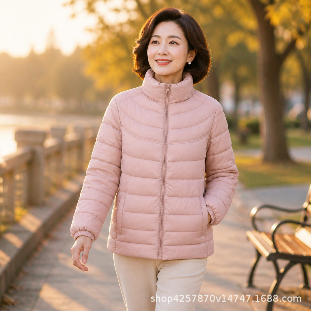 秋冬女士立领轻薄棉服短款弧形衍缝轻便棉衣女装通勤外套保暖拉链