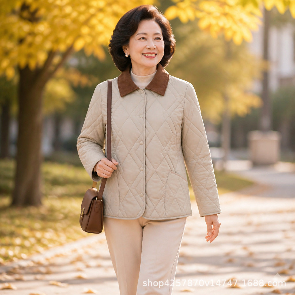 秋冬撞色翻领菱格棉服女士通勤简约保暖轻薄单排扣棉衣日常休闲