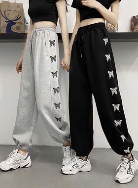 春秋超火新灰色运动裤女蝴蝶高腰休闲裤宽松束脚哈伦百搭长裤子潮