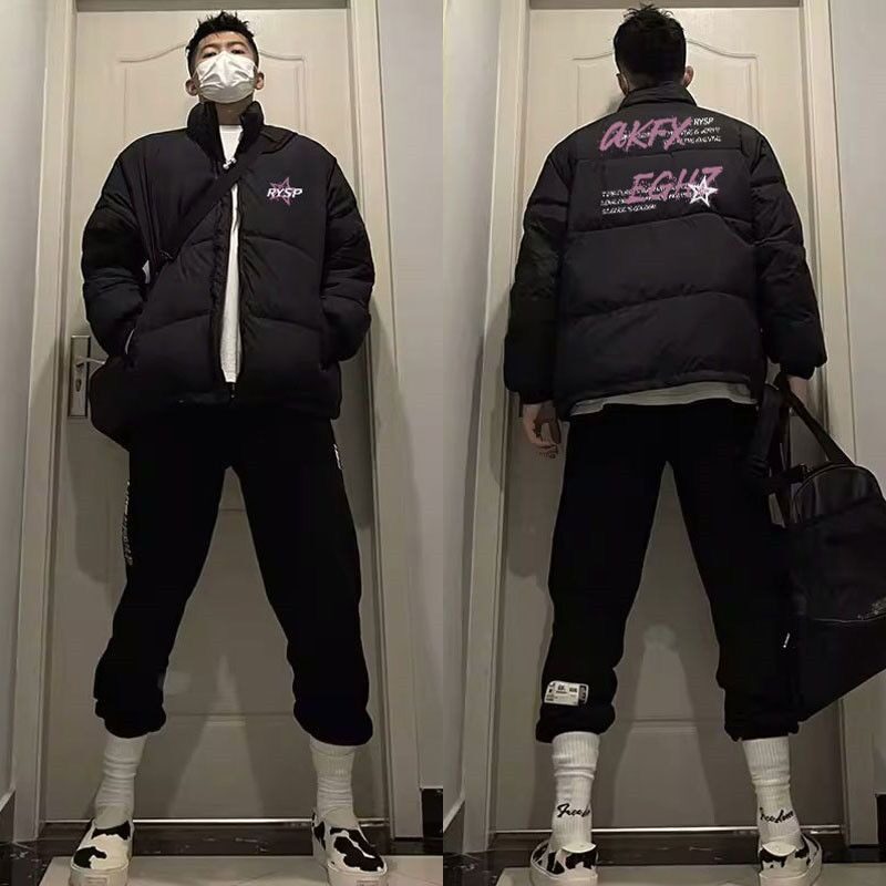 冬季防寒保暖高级感潮酷字母印花棉衣棉服外套男女情侣立领面包服