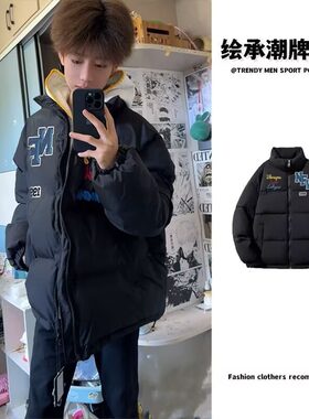 2025新款字母印花加厚保暖棉服外套男冬季宽松百搭设计感面包服潮