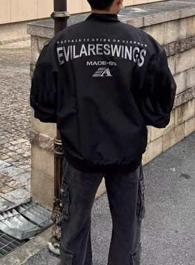 美式网红新款后背字母印花飞行员夹克男女潮流复古棒球服拉链外套