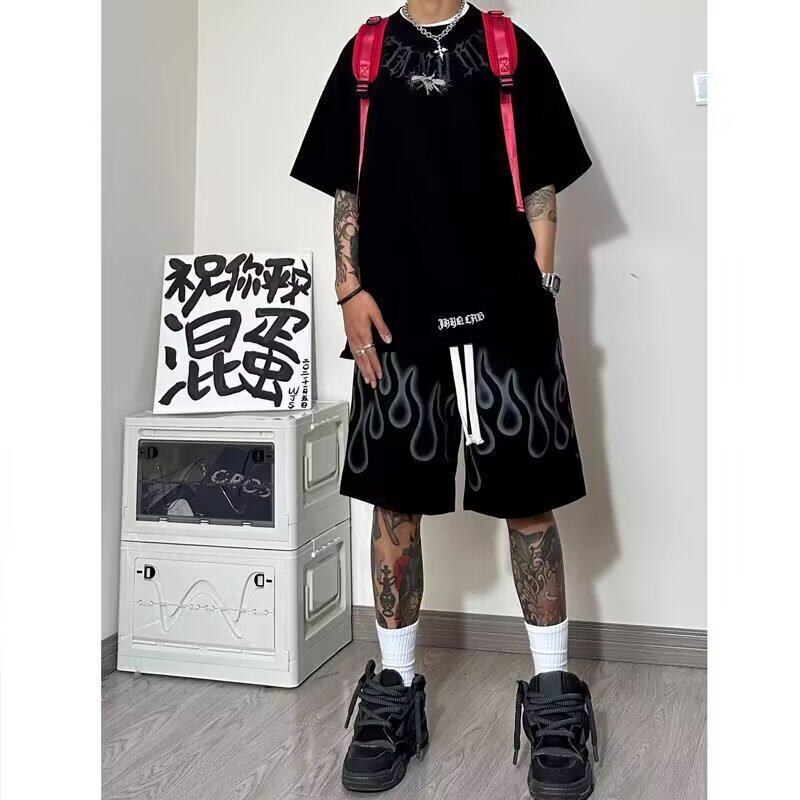 特大码300斤篮球短裤男美式高街oversize夏火焰印花潮牌五分裤子