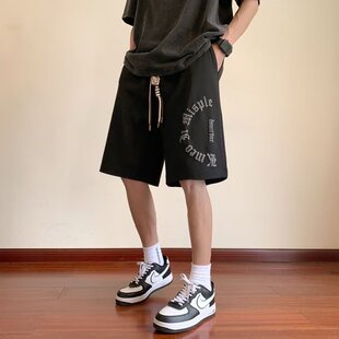 百搭宽松休闲直筒五分裤 男生夏季 子 潮牌字母印花篮球运动短裤 美式