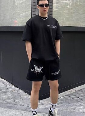 美式潮牌蝴蝶十字架字母休闲短裤男生夏季百搭宽松篮球运动五分裤